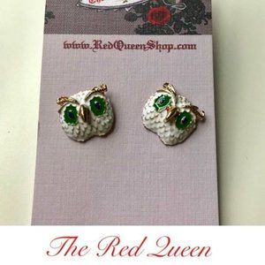 Red Queen Hoot White Teal Gold Owl Earrings